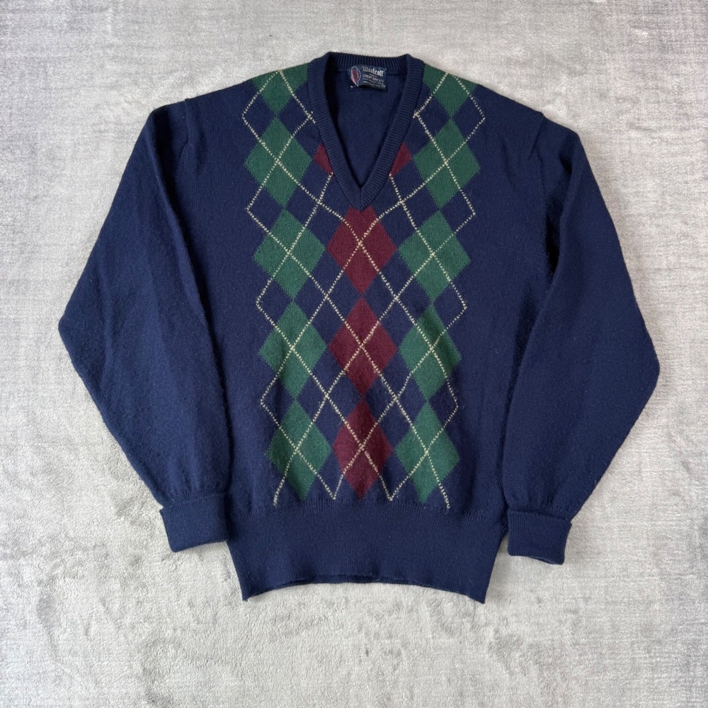 Woolcott Sweater Mens Small Navy Blue Argyle Botany Wool V Neck Preppy Golf